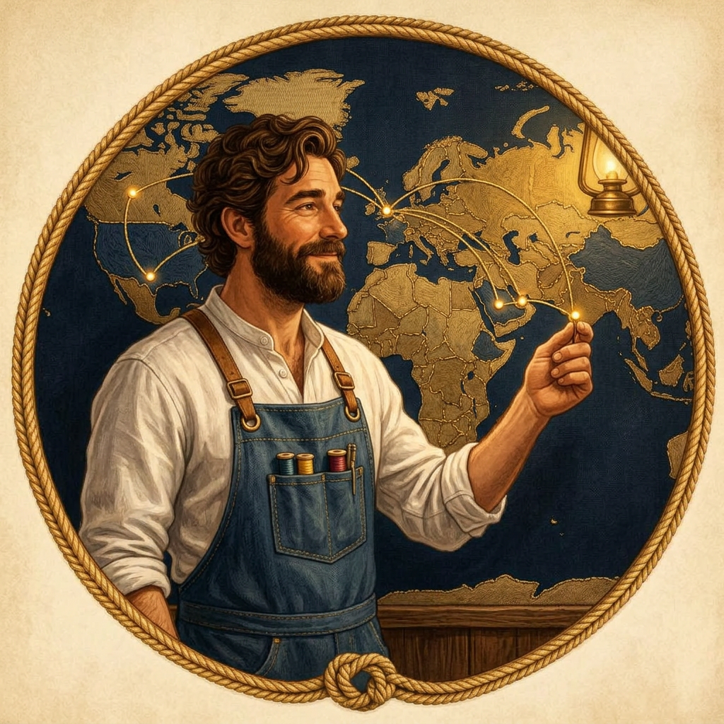 Illustrated artisan pointing at a glowing world map with gold thread shipping arcs reaching every continent